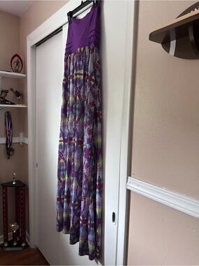 Apple Bottoms Y2K Strapless Purple & Teal Patterned Maxi Dress